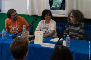 Incontro con Anne-Sylvie Salzman (da sx. Andrea Vaccaro, Selene Verri, Anne-Sylvie Salzman)